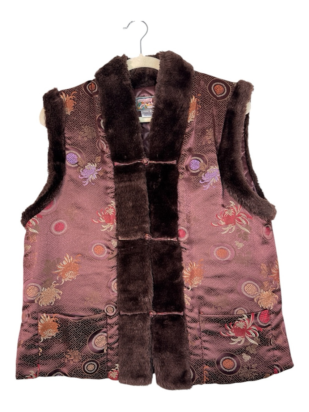 April Cornell Brown Quilted Floral Faux Fur Trim Vest Womens M Fall Boho Vintage